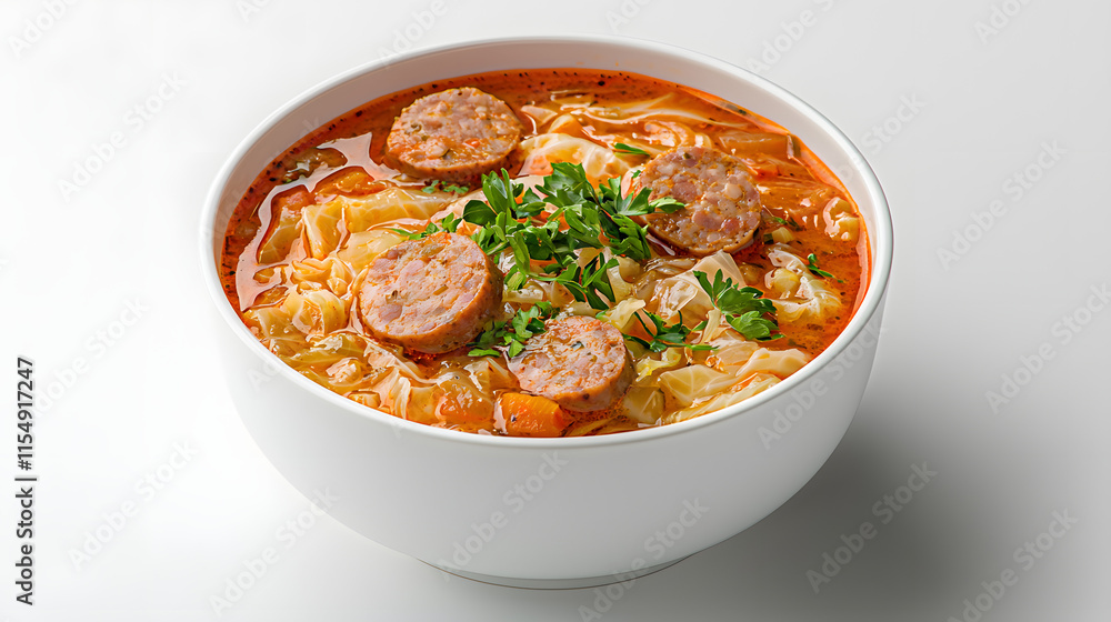 Rich Cabbage Soup with Smoked Sausage in a White Bowl