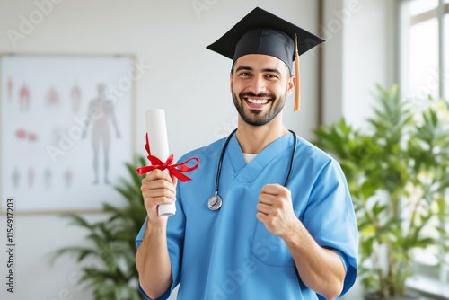 Happy graduate in medical attire holding diploma. photo