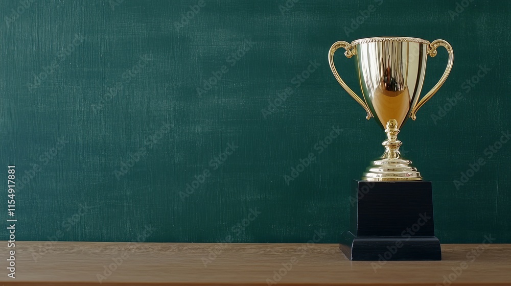 Trophy placed on an old wooden table in front of a chalkboard Trophy placed on an old wooden table in front of a chalkboard