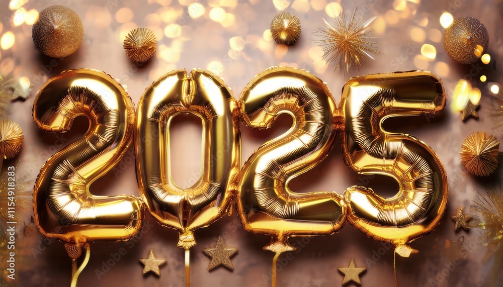 The image features golden balloons shaped as The image features golden balloons shaped as