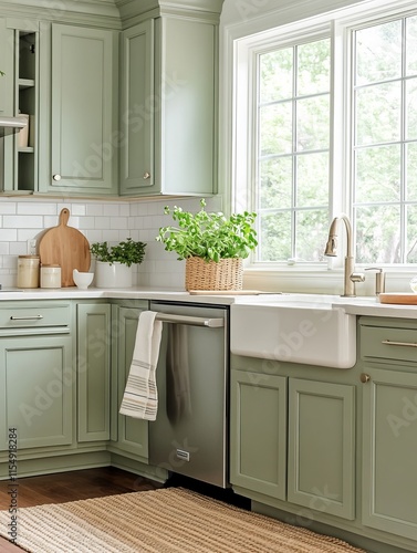 Sage Green Kitchen With Farmhouse Sink And Natural Fiber Rug