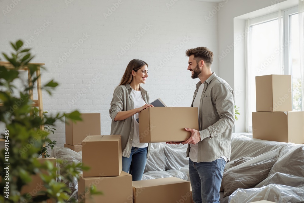 Couple smiling while packing cardboard boxes in a bright room with houseplants and white walls. Couple smiling while packing cardboard boxes in a bright room with houseplants and white walls.