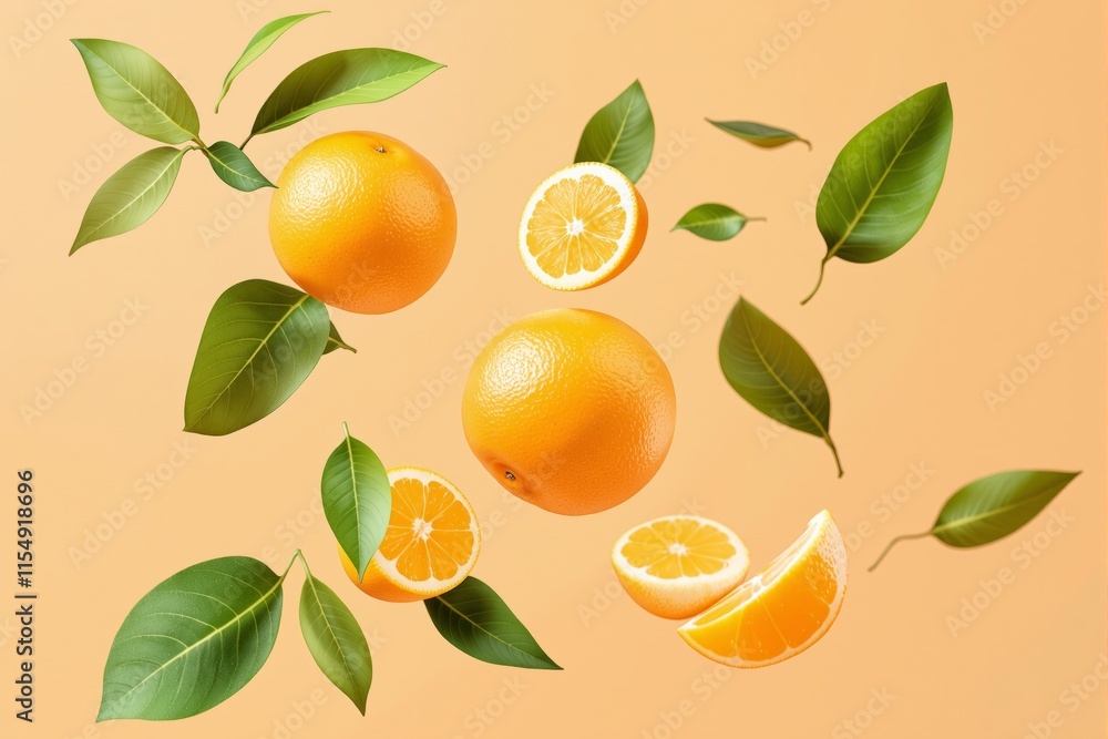 Fresh whole and sliced oranges with green leaves on a bright orange background floating in artistic composition. Fresh whole and sliced oranges with green leaves on a bright orange background floating in artistic composition.