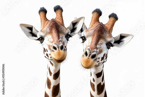 Two giraffes facing forward with curious expressions. photo