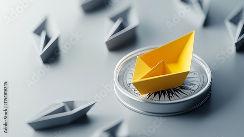 Yellow paper boat leading grey boats while positioned on a navigational compass Represents entrepreneurship and leadership