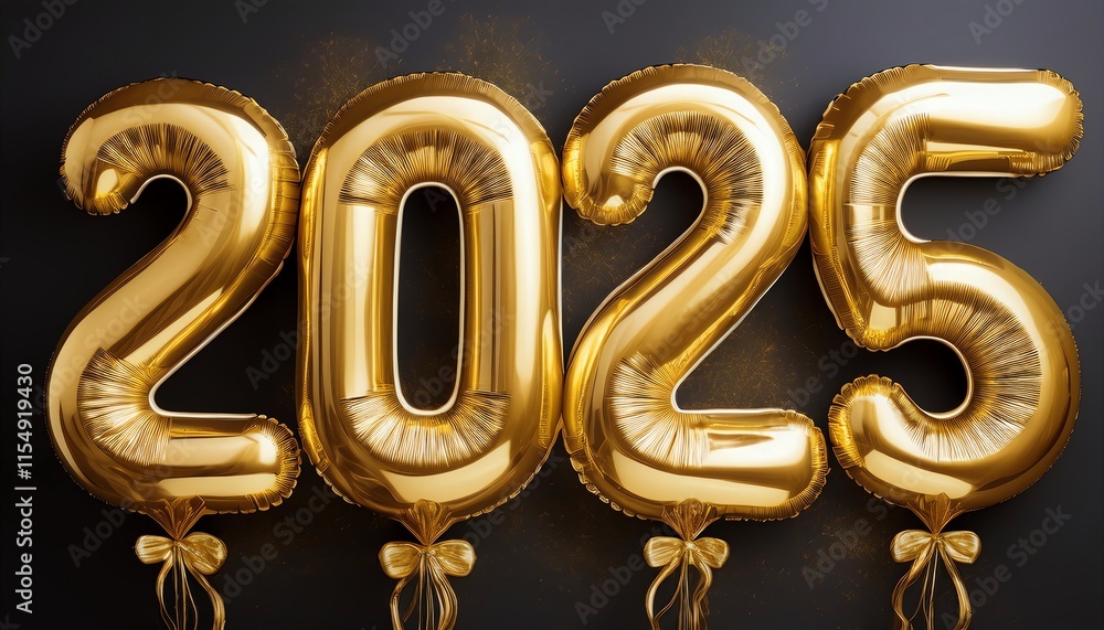 Shiny gold balloons display the year 2025, perfect for celebrating New Year's Eve or a milestone event against a dark background. Shiny gold balloons display the year 2025, perfect for celebrating New Year's Eve or a milestone event against a dark background.