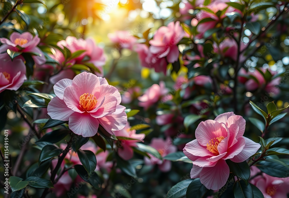 Obraz premium Photo Camellias in a shaded grove.