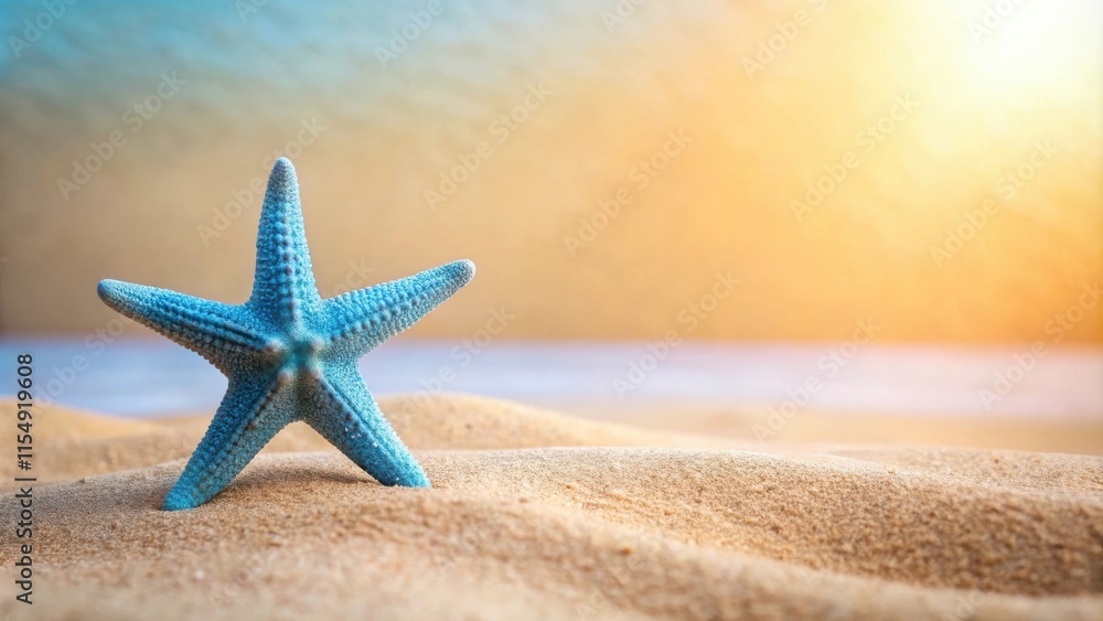 A serene coastal scene featuring a light blue starfish resting gently on a sunlit sandy beach, near the ocean's edge. A serene coastal scene featuring a light blue starfish resting gently on a sunlit sandy beach, near the ocean's edge.