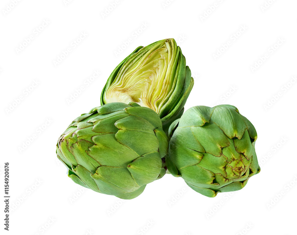 Obraz premium Whole and slice fresh green artichoke isolated on the white background.