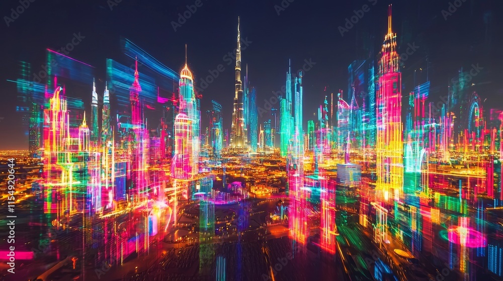 Obraz premium Vibrant city lights illuminate the skyline of Dubai at night showcasing modern architecture and bustling urban life