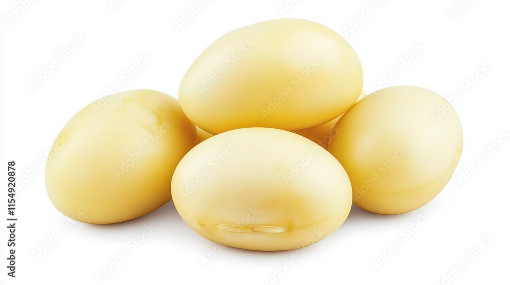 Soybeans (Glycine max): A cluster of raw soybeans with a pale yellow hue and rounded shape, displayed on an isolated white background Soybeans (Glycine max): A cluster of raw soybeans with a pale yellow hue and rounded shape, displayed on an isolated white background