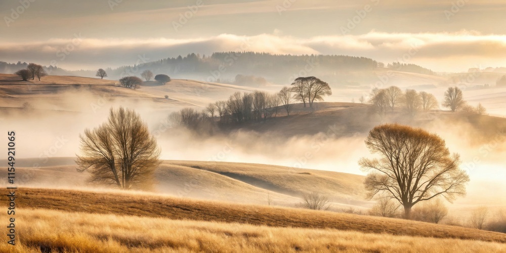 Obraz premium Golden Hour Serenity Rolling Hills Bathed in Morning Mist and Sunlight