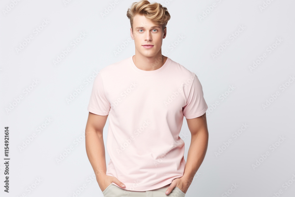 A Stylish T-Shirt Advertising Mockup: Young Man Model Wearing a Short Sleeve Pink T-Shirt A Stylish T-Shirt Advertising Mockup: Young Man Model Wearing a Short Sleeve Pink T-Shirt