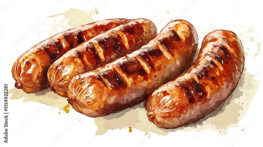 Sausages: A set of grilled sausages with a crisp, browned exterior and juicy interior, isolated on a clean white background Sausages: A set of grilled sausages with a crisp, browned exterior and juicy interior, isolated on a clean white background