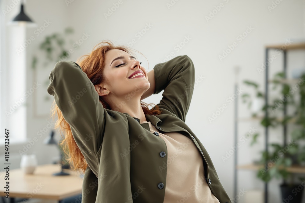 Obraz premium Relaxed businesswoman enjoying a break in an office setting.