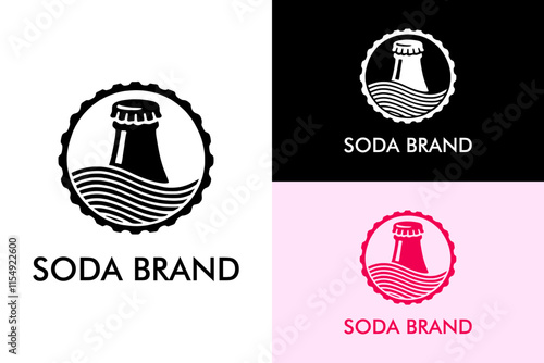 a glass half bottle, bottle cap, wavy lines, bartender, beverages logo, energy drink, soft drink, smoothies, juice, cold drink, soda logo, brand, abstract logo, illustration