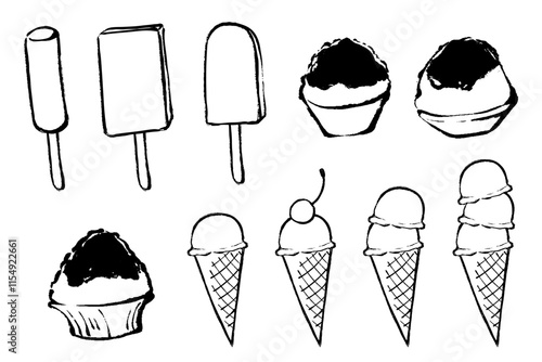 筆タッチのアイスやかき氷のイラストセット