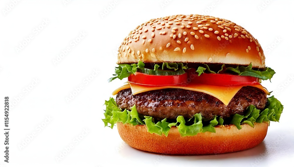 A delicious burger with layers of fresh ingredients placed on a white background A delicious burger with layers of fresh ingredients placed on a white background