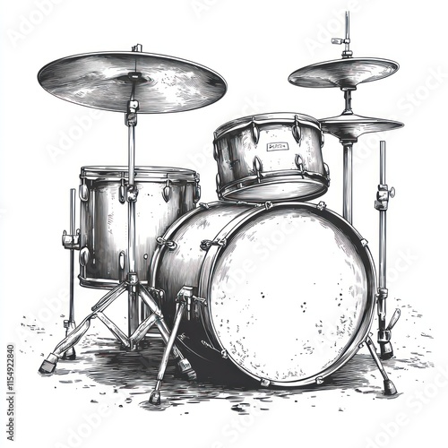 Detailed illustration of a drum set, featuring snare drum, tom-toms, bass drum, and cymbals, in a vintage, hand-drawn style.. photo