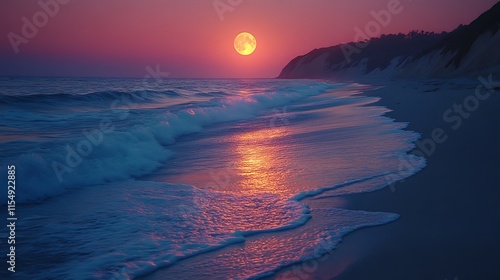 Serene Sunset Ocean Waves With Full Moon Rising