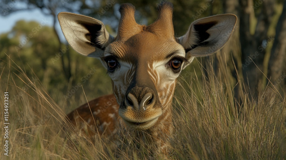 Naklejka premium Close-Up of a Young Giraffe in Natural Habitat Surrounded by Green Grass and Trees, Capturing the Curiosity and Beauty of Wildlife in a Serene Setting
