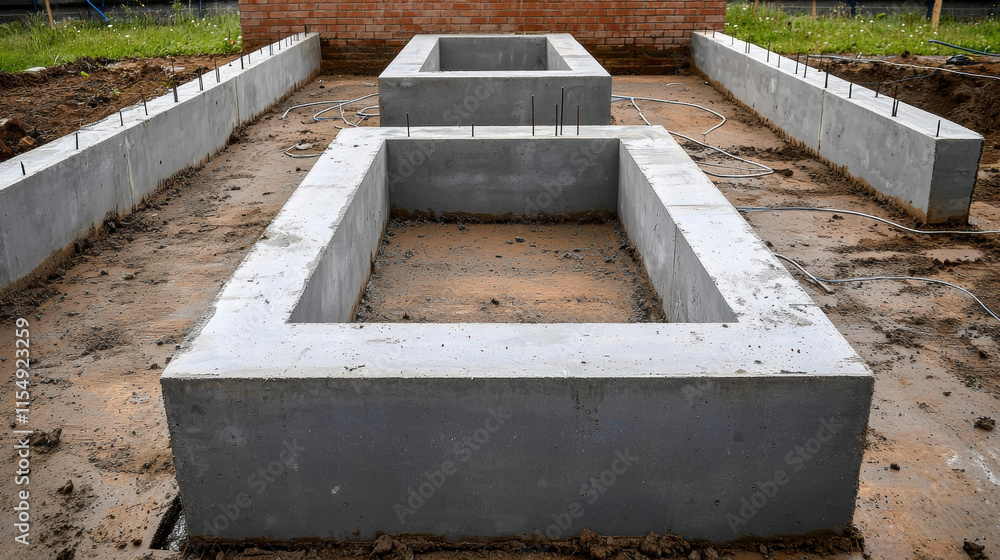 Concrete construction. Concrete foundations in a construction site. Concrete construction. Concrete foundations in a construction site.