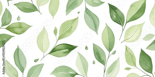 Watercolor Green Tea Leaves Seamless Pattern