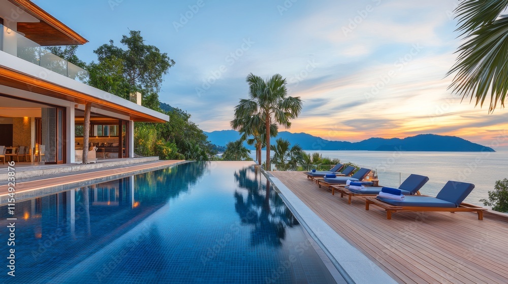 Fototapeta premium coastal luxury retreat, infinity swimming pool edge, tropical palm trees lineup, wooden terrace deck, beach loungers, ocean horizon view, sunset reflection, high end resort photography, panoramic