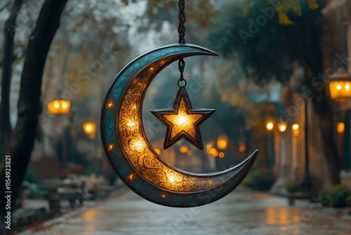 Illuminated crescent moon and star hanging outdoors at night. photo