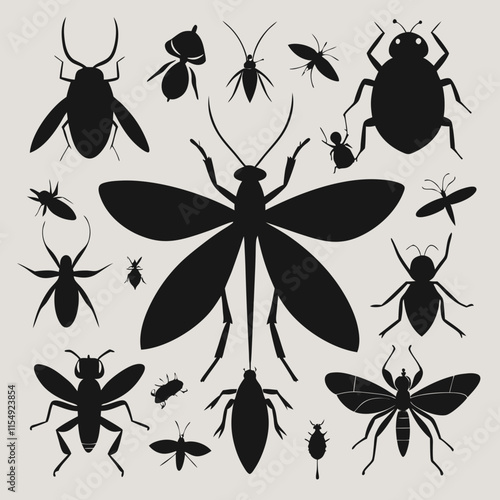  Insect silhouettes bees dragonflies and ants vector art illustration