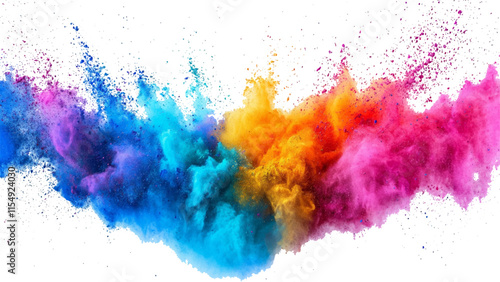 colorful rainbow holi paint color powder explosion isolated white wide panorama.Colorful mixed rainbow powder explosion isolated on white background. Colorful ink powder splashes on white background. 