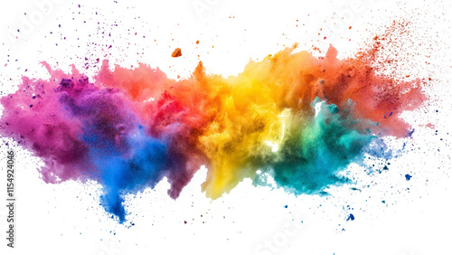 colorful rainbow holi paint color powder explosion isolated white wide panorama.Colorful mixed rainbow powder explosion isolated on white background. Colorful ink powder splashes on white background. 