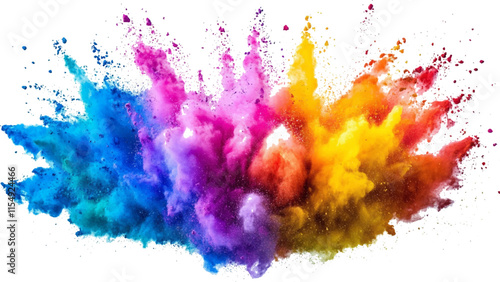colorful mixed rainbow powder explosion isolated on white background. Rainbow paint splash multicolor powder explosion on white background. 