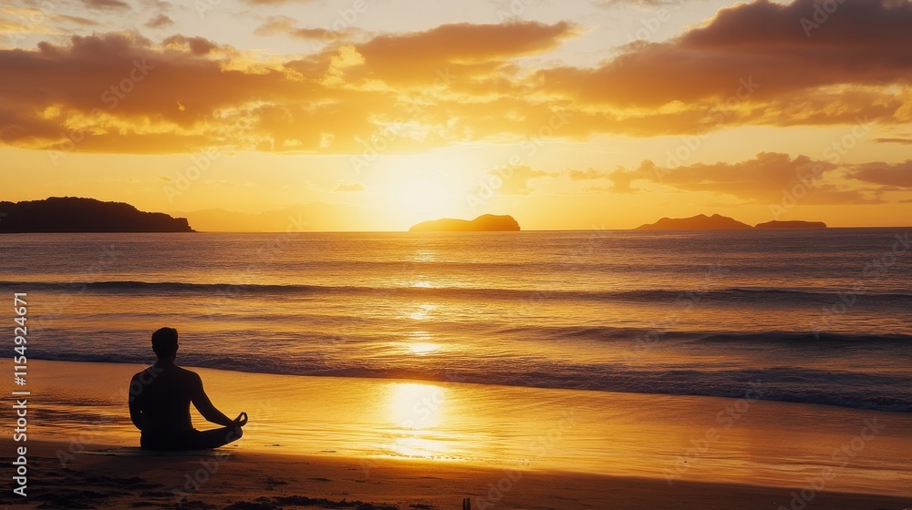 Fototapeta premium beach meditation silhouette, golden sunset sky, lotus position, calm ocean waves, distant islands, peaceful yoga pose, sandy beach foreground, serene beach landscape, warm evening glow