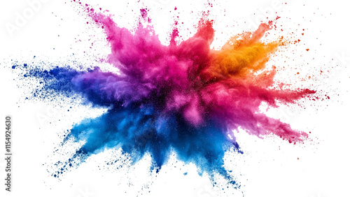 colorful mixed rainbow powder explosion isolated on white background. Rainbow paint splash multicolor powder explosion on white background. 
