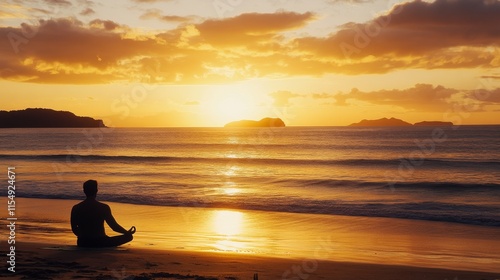 Wallpaper Mural beach meditation silhouette, golden sunset sky, lotus position, calm ocean waves, distant islands, peaceful yoga pose, sandy beach foreground, serene beach landscape, warm evening glow Torontodigital.ca