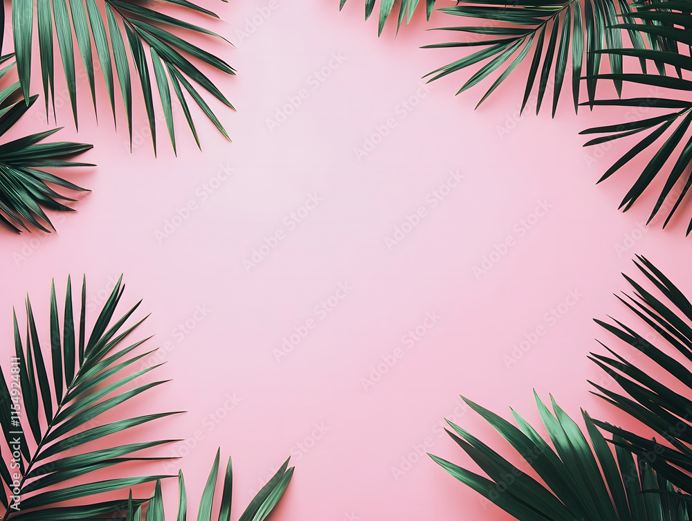 Pink blank copy text space background with green palm leaves on the edges Pink blank copy text space background with green palm leaves on the edges