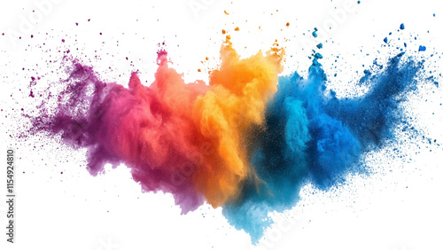 colorful mixed rainbow powder explosion isolated on white background. Rainbow paint splash multicolor powder explosion on white background. 