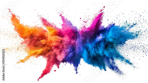 Colorful holi powder on white background. Colorful vibrant rainbow holi paint color powder explosion with bright colors isolated white background. colorful mixed rainbow powder explosion,