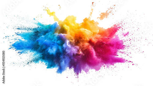 Colorful holi powder on white background. Colorful vibrant rainbow holi paint color powder explosion with bright colors isolated white background. colorful mixed rainbow powder explosion,