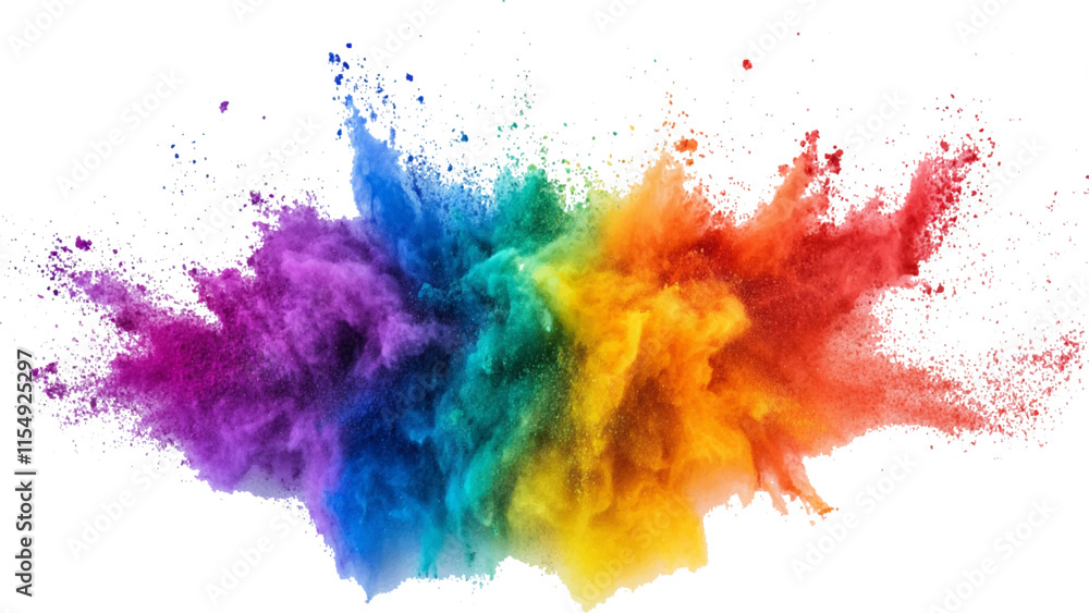 Fototapeta premium Colorful holi powder on white background. Colorful vibrant rainbow holi paint color powder explosion with bright colors isolated white background. colorful mixed rainbow powder explosion,