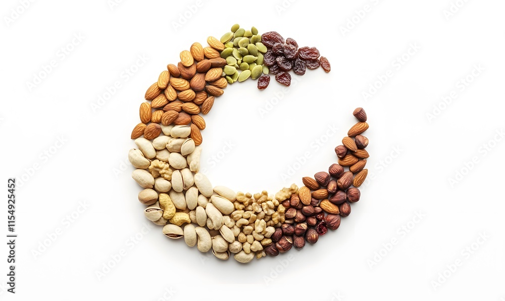 Assorted nuts and raisins arranged in a crescent shape on white background. Assorted nuts and raisins arranged in a crescent shape on white background.