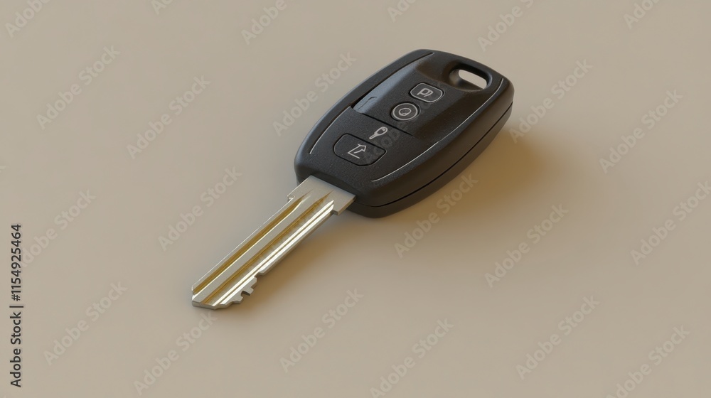 Close-up of a black car key with remote control buttons on a beige surface. Close-up of a black car key with remote control buttons on a beige surface.
