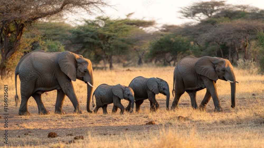 Fototapeta premium Majestic African Elephants Walking Gracefully Together in a Natural Grassland Landscape During Golden Hour, Showcasing Family Bonding and Wildlife Beauty