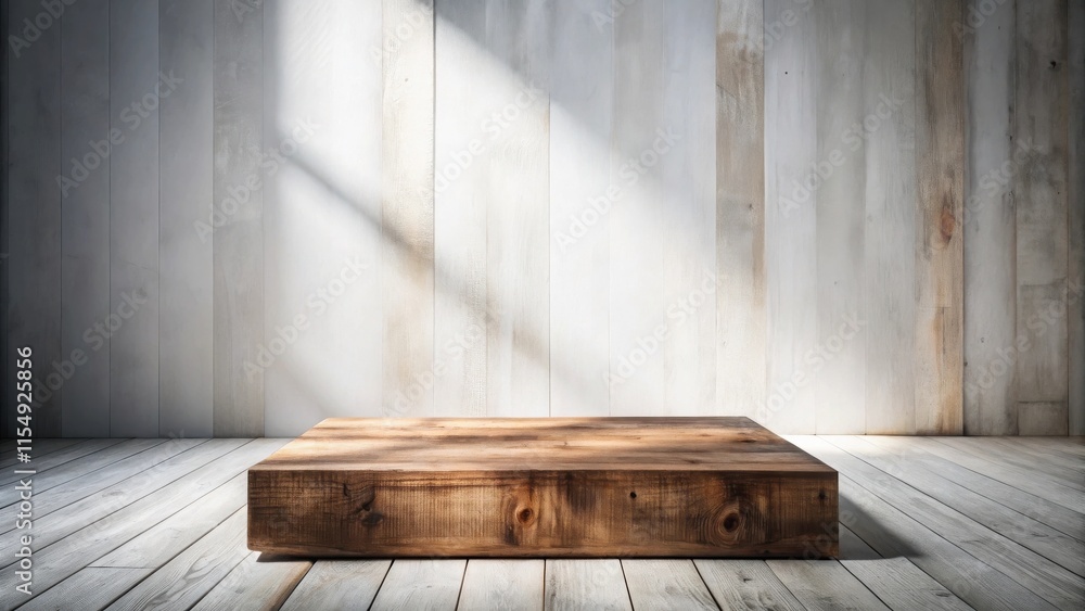 Rustic wooden platform against a light wood wall background, perfect for product display or mockup purposes Rustic wooden platform against a light wood wall background, perfect for product display or mockup purposes