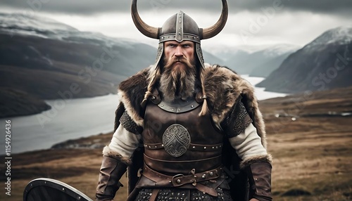 Powerful Viking Warrior Dramatic Mountain Landscape Setting photo