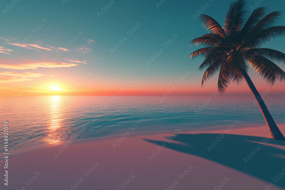 Obraz premium Tropical beach landscape with a palm tree and white sand, with clear sky