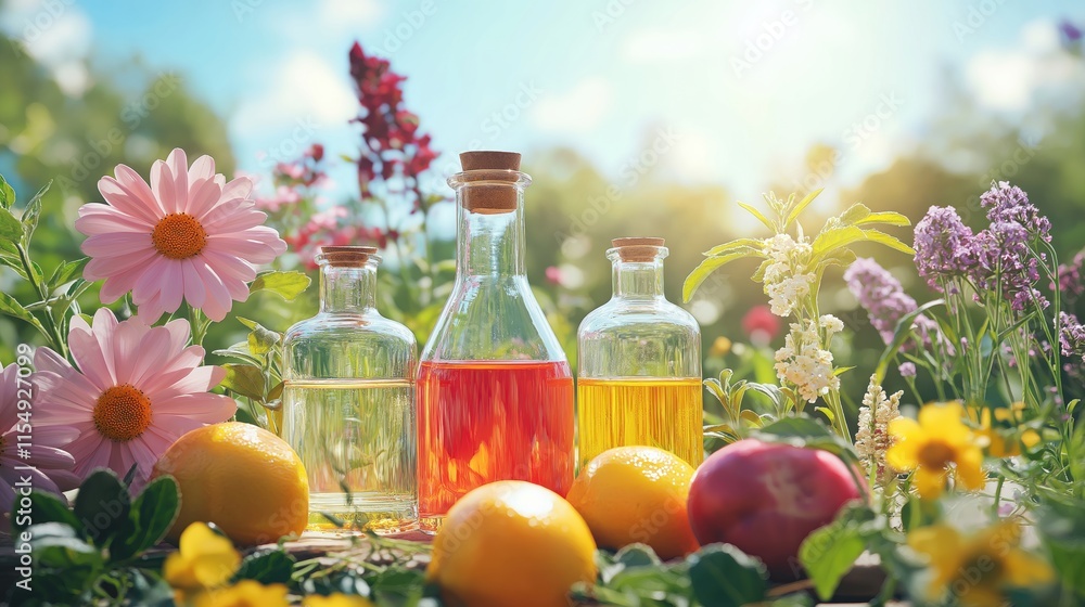 Essential Oils, Citrus Fruits, and Blooming Flowers in Summer Garden Essential Oils, Citrus Fruits, and Blooming Flowers in Summer Garden