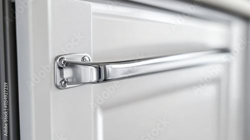 Close-up of a chrome handle on a white appliance door. photo