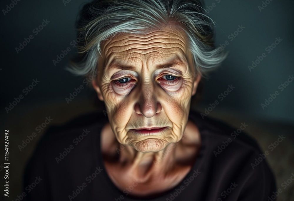 Elderly woman with a somber expression, sitting in a dimly lit room Elderly woman with a somber expression, sitting in a dimly lit room